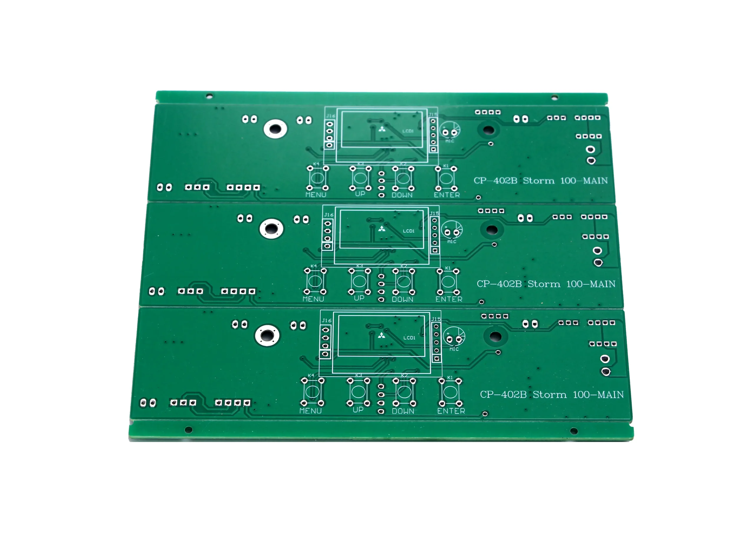 High-precision double-sided PCB with green solder mask and plated through holes (PTH).