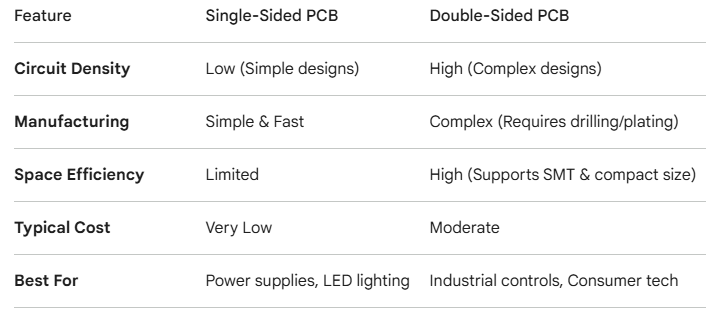 Comparison table of Single-Sided PCB and Double-Sided PCB features including density, cost, and applications.