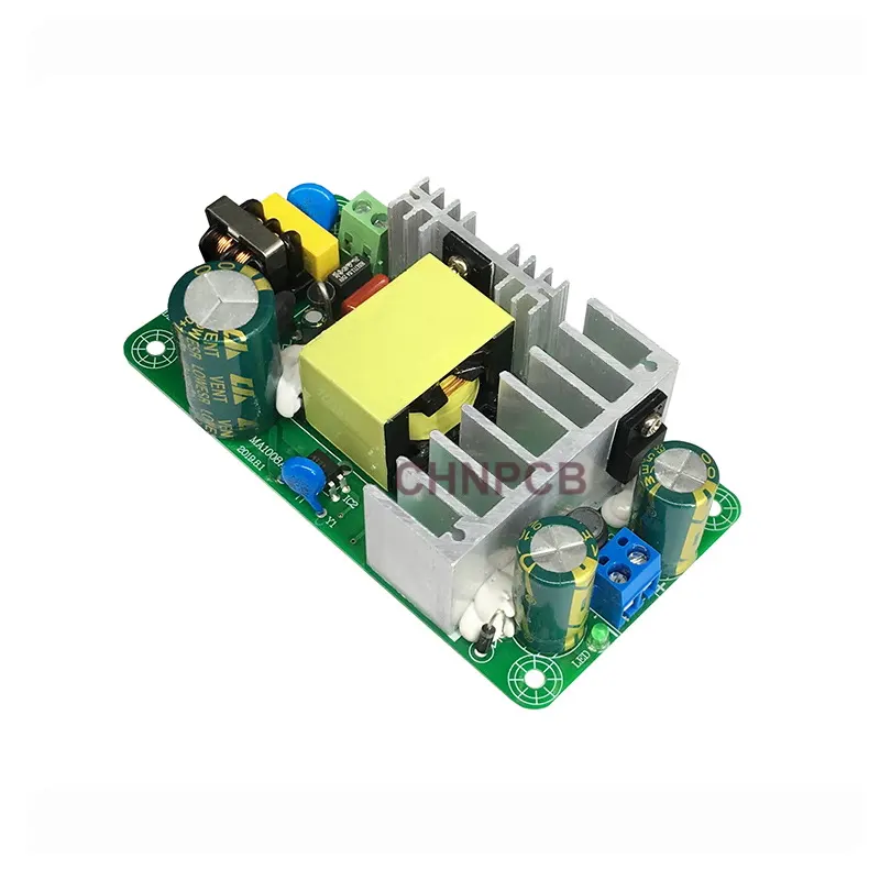 100W switching power supply PCBA board with aluminum heatsink - side angle view