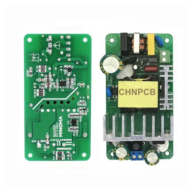 Switching power supply PCBA board - top and bottom view, bare PCB and assembled