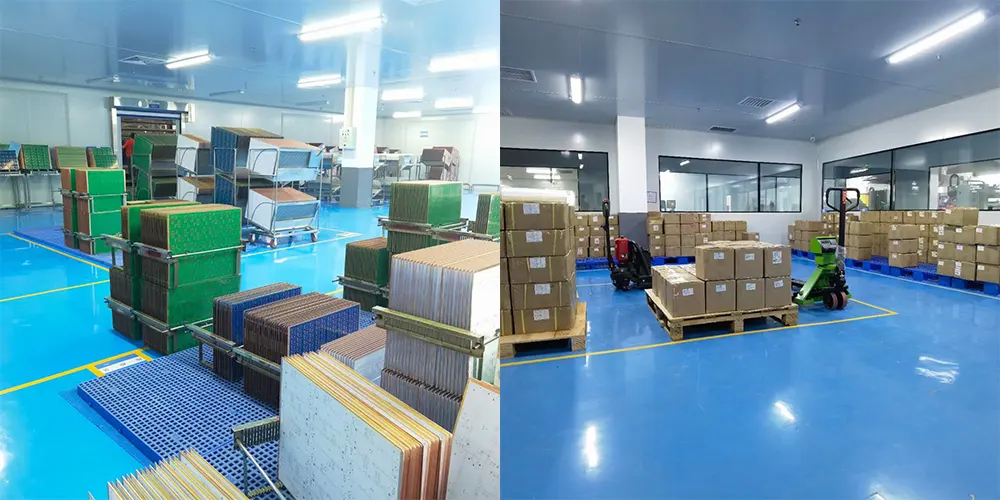 Our neat PCB solder mask workshop and standardized export packaging area.